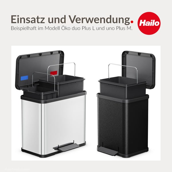 Hailo Treteimer Oeko duo Plus L und uno Plus M als Beispiel für Einsatz und Verwendung zur Mülltrennung.
