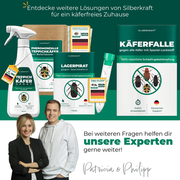 Silberkraft Produkte zur Käferbekämpfung im Haus, inklusive Käferspray, Pheromonfalle, Lagerpirat gegen Speckkäfer und Käferfalle