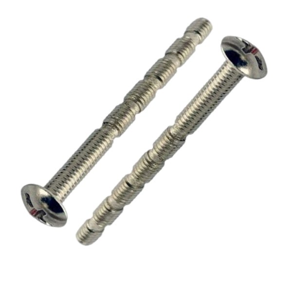 Zwei silberfarbene Kürzschrauben mit Linsenkopf und Kreuzschlitz für Möbelgriffe.