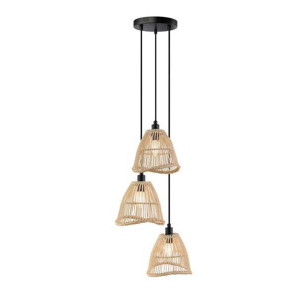 Hängeleuchte mit drei Lampenschirmen aus Rattan
