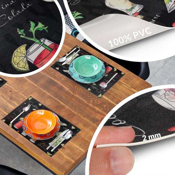 Tischsets aus PVC mit Cocktail-Motiven auf einem Holztisch, 2 Millimeter Materialstärke, Material 100 Prozent PVC.