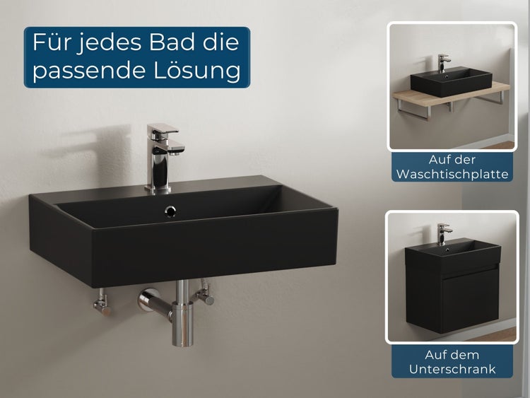 Aqua Bagno Loft Waschbecken KS.AN.60 – 60 x 42 cm – Schwarz Matt – Keramikbecken mit Hahnloch & Überlauf