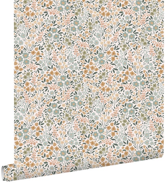 ESTAhome Tapete Blumen Graublau, Terrakottarosa und Grün - 50 x 900 cm - 139837