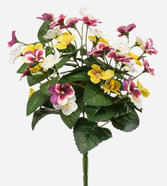 Künstlicher Stiefmütterchenbusch mit bunten Blüten und grünen Blättern