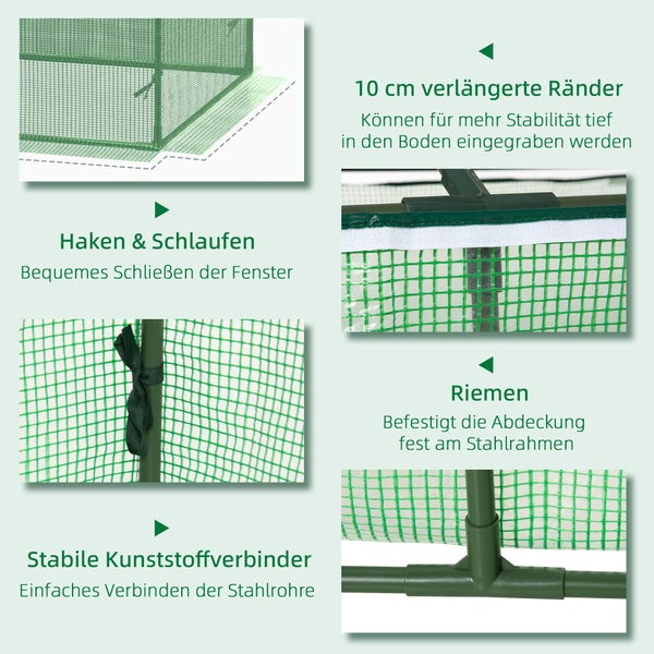 Details des Gewächshauses: verlängerte Ränder, Haken und Schlaufen, Riemen und Kunststoffverbinder