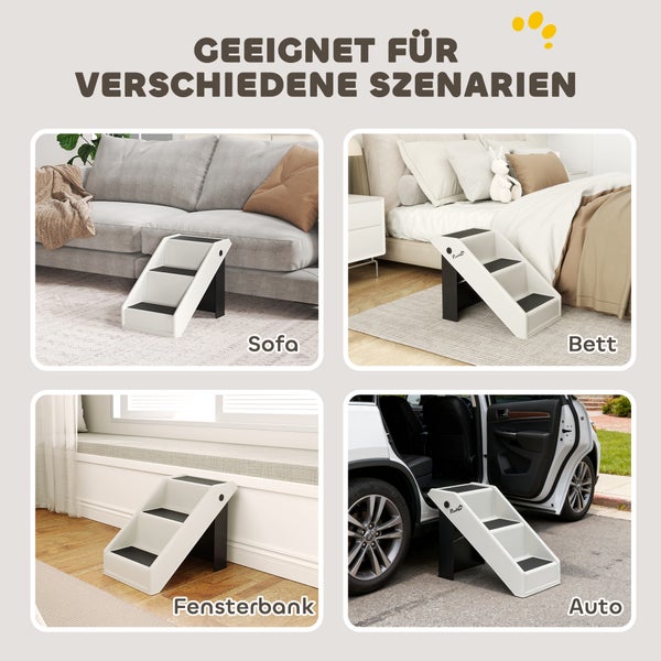 Anwendungsbeispiele für Hundetreppe in verschiedenen Umgebungen: Sofa, Bett, Fensterbank und Auto.