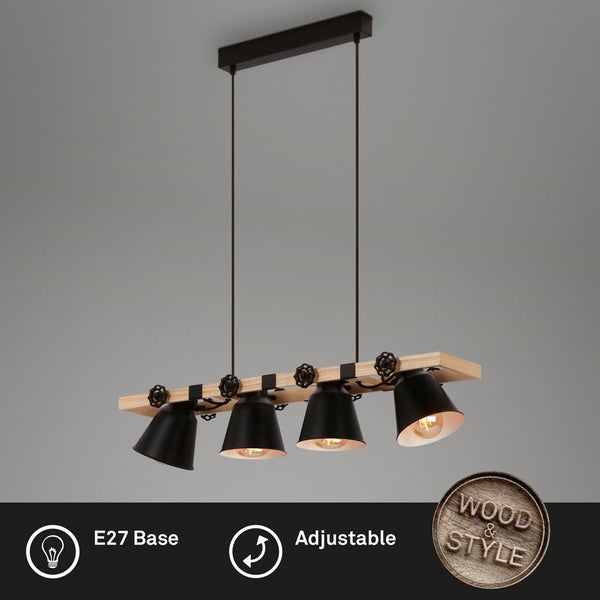 Pendelleuchte Hängelampe Vintage 4-flammig 4xE27 Metall-Holz schwarz Briloner