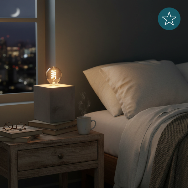 Nachttischlampe mit Glühbirne auf einem Holztisch in einem Schlafzimmer