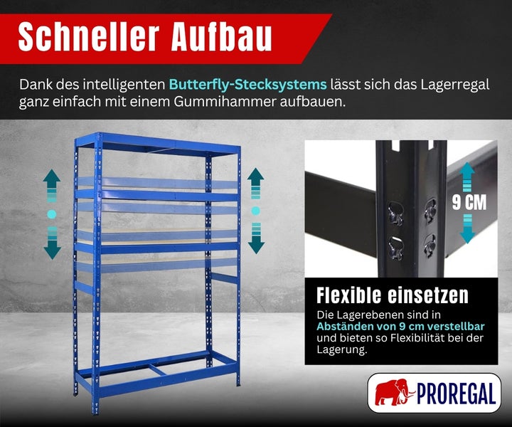 Lagerregal mit Butterfly-Stecksystem für schnellen Aufbau und in 9 Zentimeter Schritten höhenverstellbaren Böden. PROREGAL Logo.