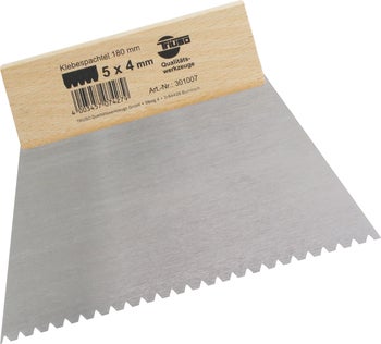 Triuso Klebespachtel mit Holzgriff, 180 mm breit, Zahnung 5 mal 4 mm, Edelstahlblatt