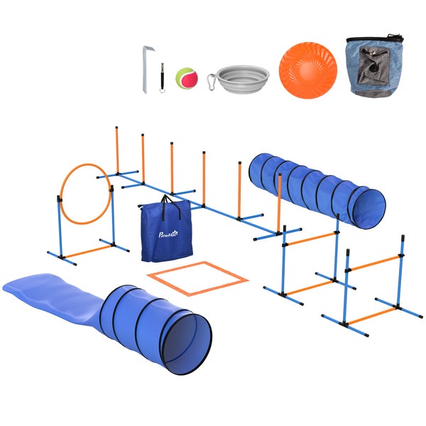 Hunde Agility Set mit Tunneln, Sprungring, Hürden, Slalomstangen, Tragetasche und Zubehör wie Ball und Wurfscheibe.