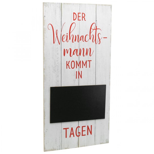 Dekoschild mit der Aufschrift 'Der Weihnachtsmann kommt in Tagen' und einer Tafel zum Beschriften