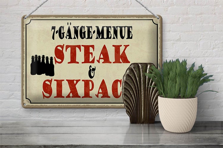 Blechschild Spruch 30x20cm 7 Gänge Menü Steak Sixpack Grill