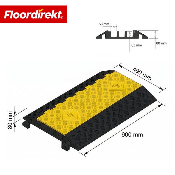 Floordirekt Logo, 3-Kanal Kabelbrücke mit den Abmessungen 900 Millimeter Länge, 490 Millimeter Breite und 80 Millimeter Höhe.
