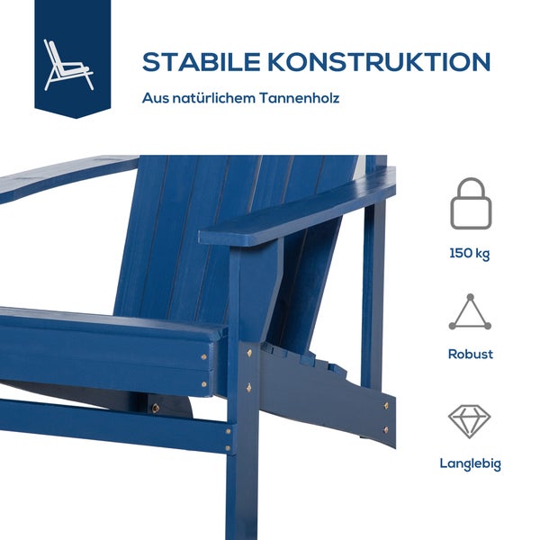 Outsunny Adirondack-Gartenstuhl mit Becherhalter Gartenliege Balkonstuhl Massivholz Blau 72 x 94 x 93 cm