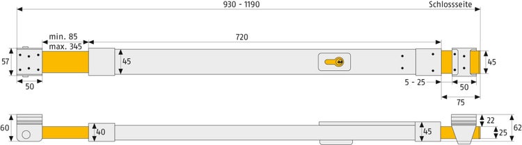Technische Zeichnung eines Panzerriegelschlosses mit Maßangaben in Millimeter. Gesamtlänge zwischen 930 und 1190 Millimeter.