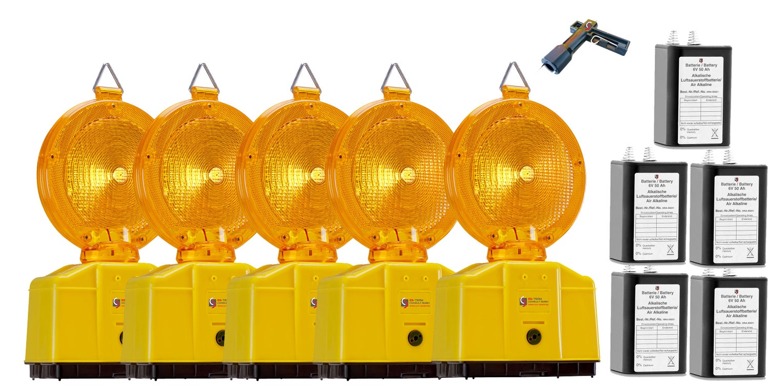 Baustellenleuchten Set UVWARN Warnleuchten gelb mit Batterien (Standard oder High Power) / Set B mit 50 Ah / 5 Lampen