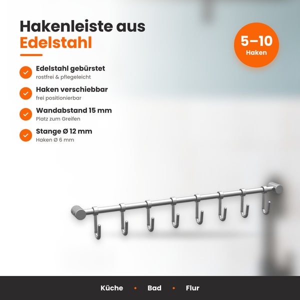 Hakenleiste aus gebürstetem Edelstahl mit verschiebbaren Haken für Küche, Bad und Flur.