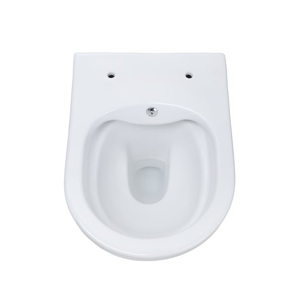Wand-WC aus Keramik in Weiß, spülrandlose Ausführung in der Draufsicht.