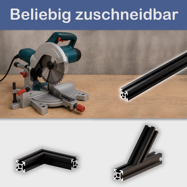 Kapp- und Gehrungssäge mit Aluminiumprofilen, die beliebig zugeschnitten werden können