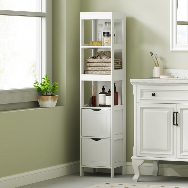 HOMCOM Badezimmerschrank schmal, Hochschrank Toilettenschrank mit 2 Schubladen und 3 offenen Fächern, Badschrank für kleine Räume Badezimmer, Wohnzimmer 30 x 30 x 141,2 cm Weiß