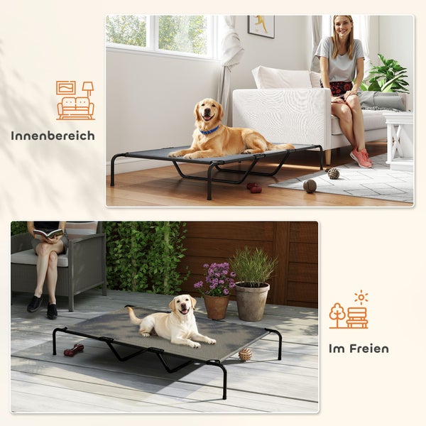 Erhöhtes Hundebett für den Innenbereich und Außenbereich, dargestellt mit einem Hund im Wohnzimmer und auf einer Terrasse.