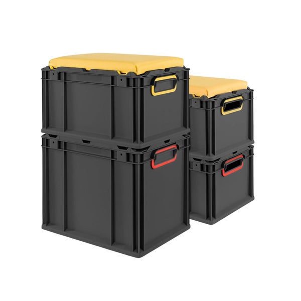 Zwei stapelbare, graue Euroboxen mit gelben Sitzkissen