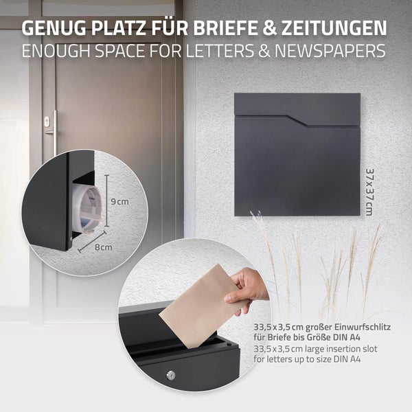 ML-Design Briefkasten Anthrazit Edelstahl pulverbeschichtet, 37x37 cm, Postkasten mit Zeitungsfach, Abschließbar 2 Schlüssel, Moderner Design Wandbriefkasten mit Zeitungsrolle, Mailbox für Wandmontage
