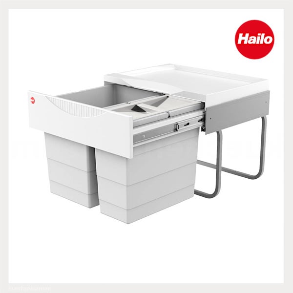 Hailo Einbaumülleimer mit Vollauszug und zwei Abfalleimern für den Küchenschrank sowie Hailo Logo.