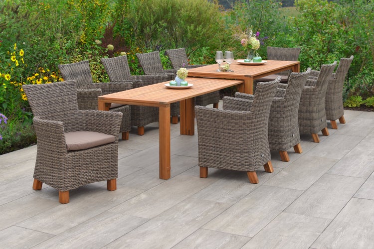 Toskana Gartenmöbelset 11tlg., Gartensessel inkl. Auflagen, Flexibler Ausziehtisch, natur