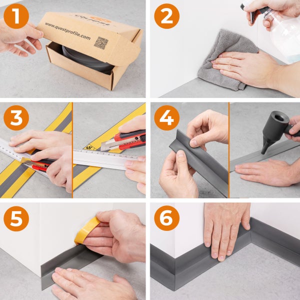 Schritt-für-Schritt Anleitung zur Montage von selbstklebenden Sockelleisten aus Kunststoff an Wand und Boden.