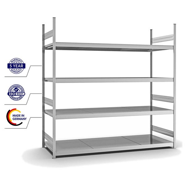 PROREGAL Weitspannregal Stecksystem T-Profil Grundregal HxBxT 250x250x80 cm 4 Ebenen Stahlplatten Fachboden Fachlast 350 kg Verzinkt