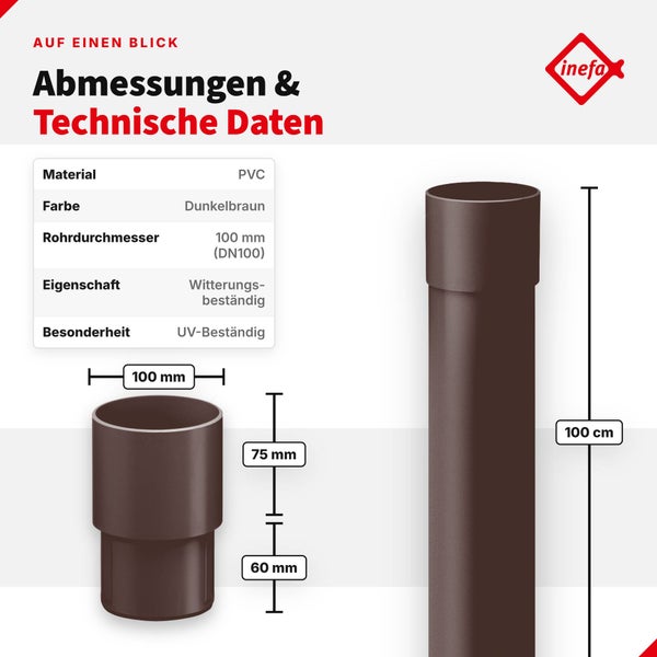 Inefa PVC Fallrohr mit 100 Millimeter Durchmesser und 100 Zentimeter Länge in einer technischen Zeichnung mit Materialdaten.