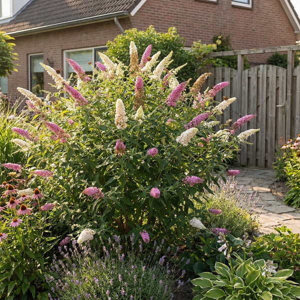 Blühender Sommerflieder mit rosa und weißen Blütenrispen in einem sonnigen Garten mit Stauden wie Sonnenhut und Lavendel.