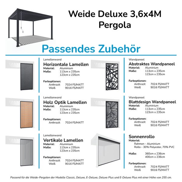 Weide Deluxe Pergola 3,6 x 4 M - Freistehend, Voll-Aluminium, Lamellendach, Anthrazit