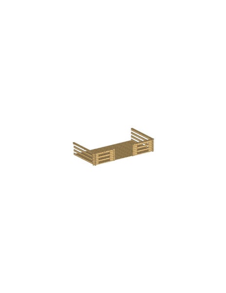 Holzterrasse für Gartenhäuser mit niedriger Brüstung aus horizontal angeordneten Holzlatten.