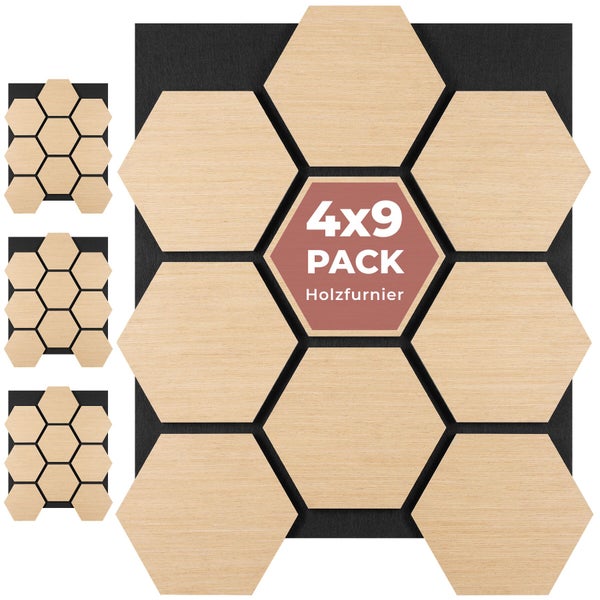 Set aus 36 sechseckigen Wandpaneelen mit Holzfurnier im 4 mal 9 Pack zur Wandgestaltung.