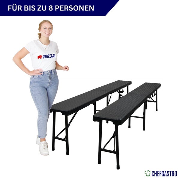 Schwarze Klappbank in Rattan-Optik. Maße: 180 mal 43 mal 25 Zentimeter. Zusammengeklappt 93 mal 9 Zentimeter. ChefGastro Logo.