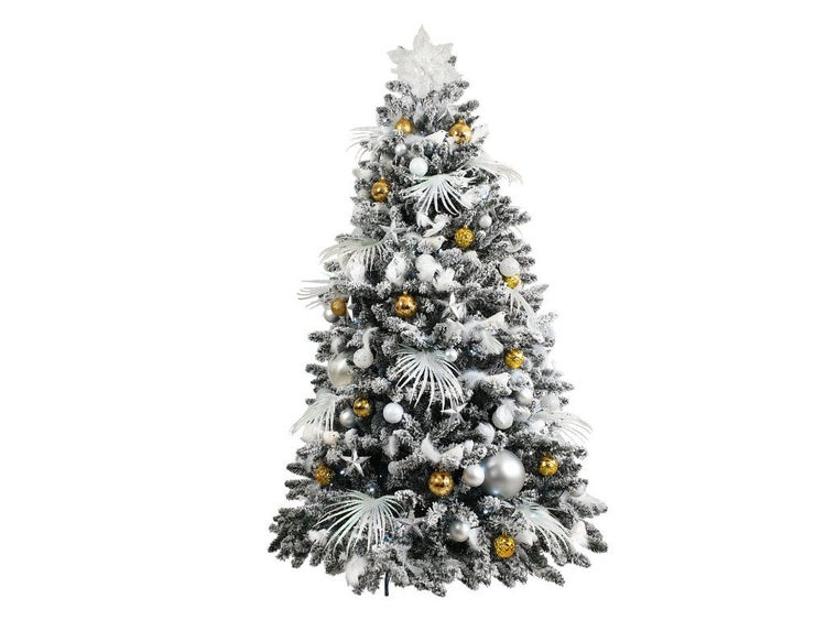Künstlicher Weihnachtsbaum mit Schneeoptik und Dekoration in Gold und Weiß