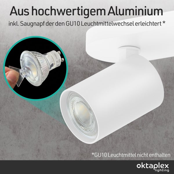 Weißer Deckenstrahler aus Aluminium mit oktaplex lighting Logo und Detailansicht eines Saugnapfs zum Wechseln von GU10 Leuchtmitteln.