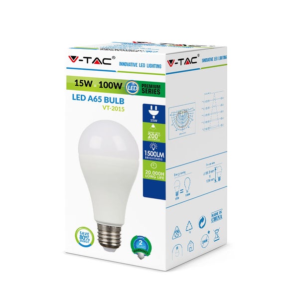 V-TAC LED A65 Leuchtmittel Verpackung, 15 Watt entspricht 100 Watt, 1500 Lumen, 20.000 Stunden Lebensdauer, Premium Serie.