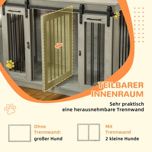 PawHut Hundekäfig, Hundehütte mit Zweiraum-Option, Haustierkäfig mit Doppeltüren, Hundebox, Hundehaus für Mittelegroße Hunde, 120 x 60 x 88,5 cm, Grau