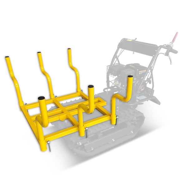 Gelbes Holztransportgestell für Raupenfahrzeuge