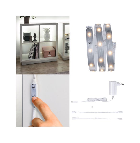 LED Lichtleiste für Regale mit Netzteil und Schalter zur Beleuchtung von Möbelstücken und Wohnräumen.