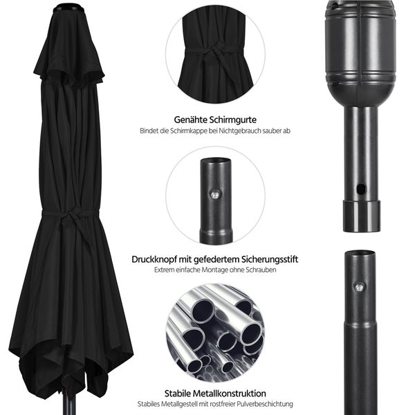 Details eines geschlossenen Sonnenschirms mit Metallgestell und Befestigungsgurten