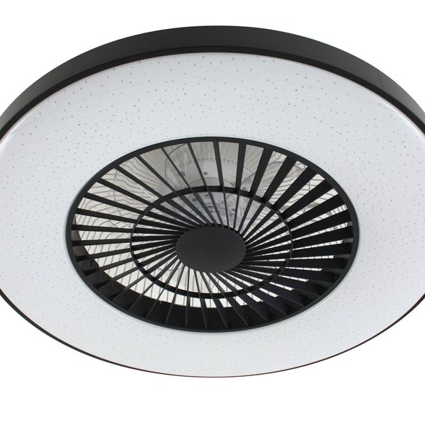 Moderner runder Deckenventilator mit integrierter LED-Leuchte in Schwarz und Weiß mit Sterneneffekt.