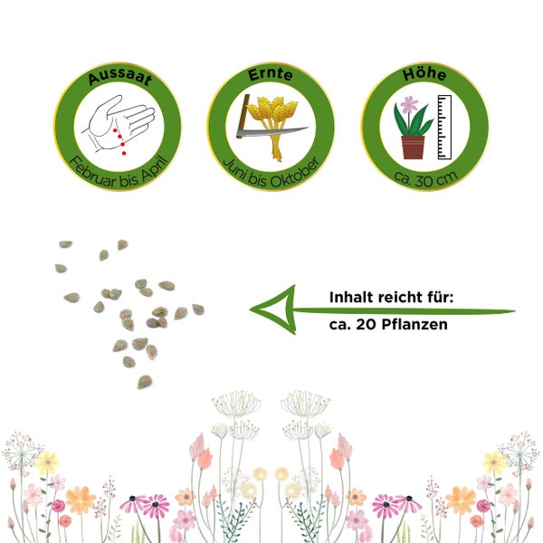 Aussaat von Februar bis April, Ernte von Juni bis Oktober, Wuchshöhe circa 30 Zentimeter, Inhalt ausreichend für circa 20 Pflanzen.