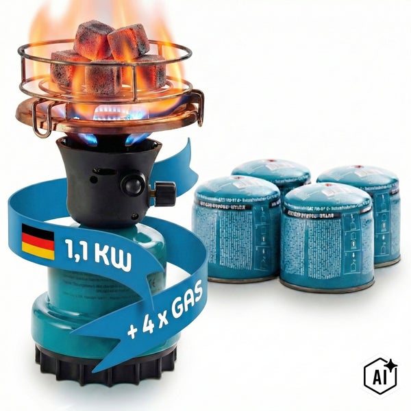 Campingkocher mit 1,1 Kilowatt Leistung inklusive vier Gaskartuschen für den Außenbereich.