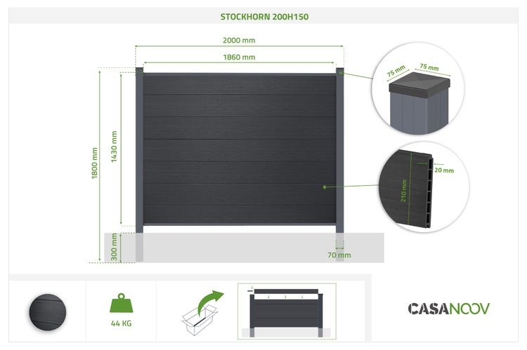 Technische Zeichnung Sichtschutzzaun Stockhorn 200H150, Breite 2000 Millimeter, Höhe 1800 Millimeter, Gewicht 44 Kilogramm, Casanoov Logo.