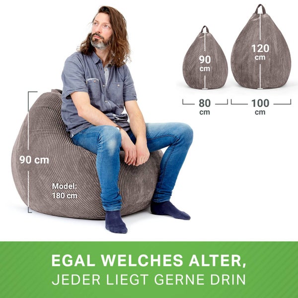 Green Bean Indoor Sitzsack 90x110cm EPS-Perlen Füllung & Cordstoff Kuschelig Weich Waschbar - Drinnen Bodenkissen Liegekissen Sitzkissen Sitzhocker Relax-Sessel Kinder Erwachsene Stoff Grau